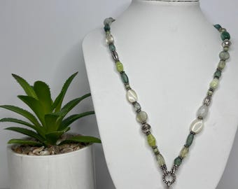 Shades of Green Glass and Mother of Pearl (MOP)- Silver Tone 16” to 18” D-7-99