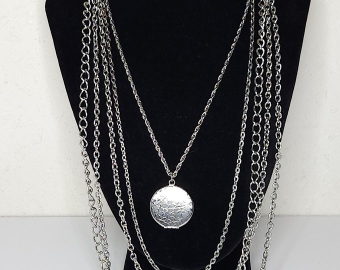 Vintage Silver Tone Five Chain and Locket Pendant Necklace D-1-92