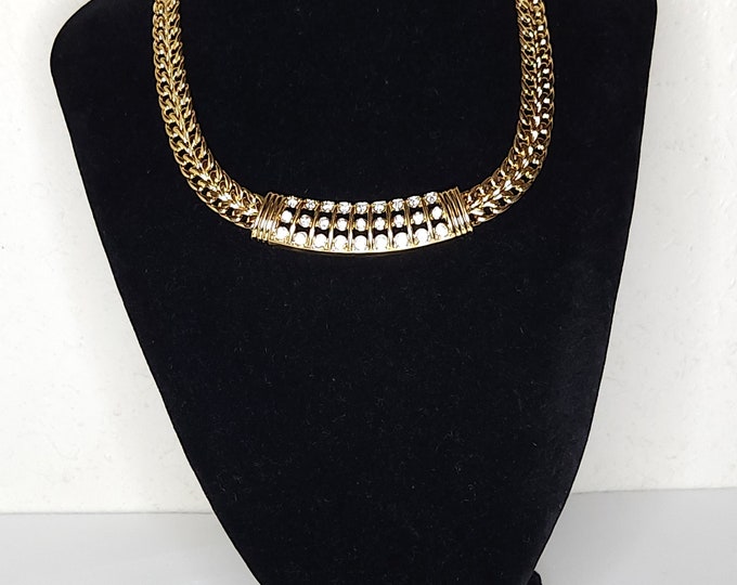 Vintage Swarovski Signed Gold Tone and Crystal Rhinestone Collar Necklace - Like New C-6-78