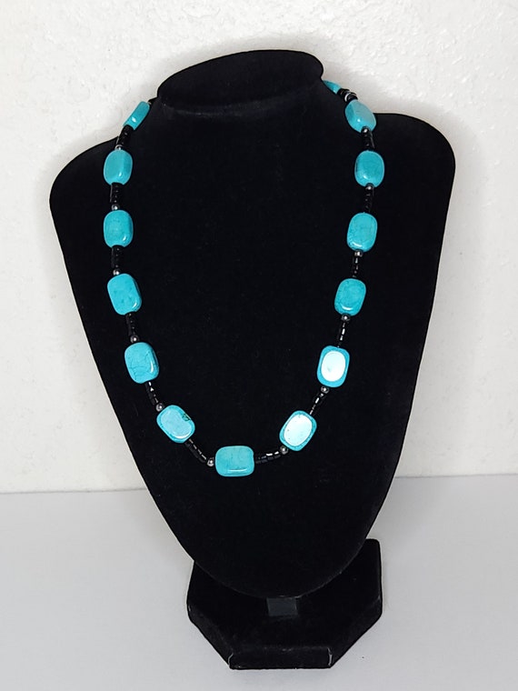 Vintage Faux Turquoise Real Stone and Black Beaded