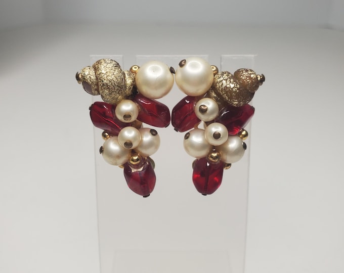 Vintage Crown Trifari Red Lucite Faux Pearl and Shell Clip-On Earrings D-6-13