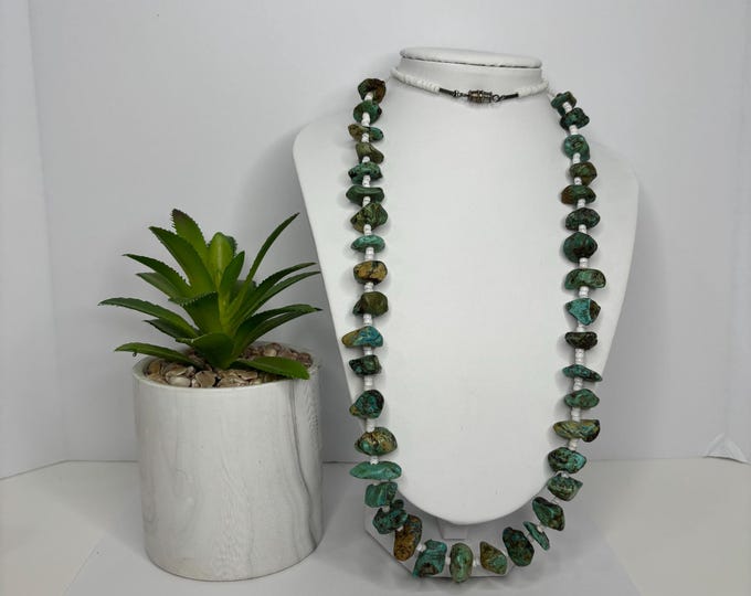 Vintage Turquoise and White Shell Heishe Native American Style Lona Necklace Approx 30” D-7-7