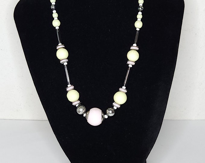 Antique Uranium Glass, Pink and White Milk Glass, and Mercury Glass Beaded Necklace C-6-21