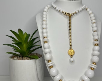 Vintage Liz Claiborne Gold Tone and White Plastic Graduated Bead Necklace 31” to 33” Like New D-7-95