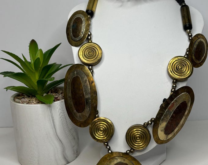 Vintage Tribal Gold, Copper, and Silver Toned Shield and Bullseye with Wood Beads- Ethnic Boho 29” Necklace D-8-63