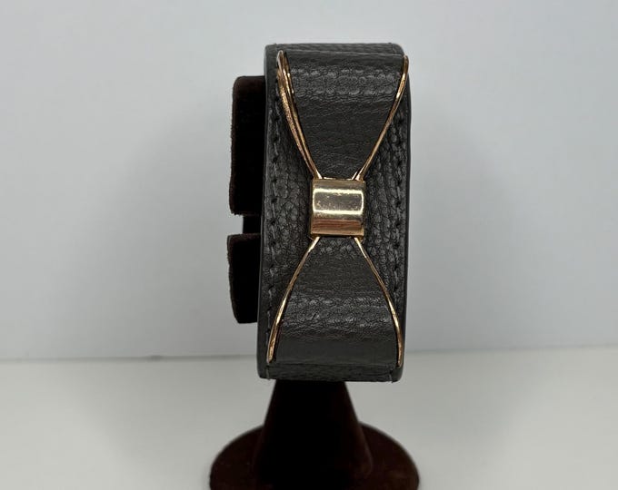 Faux Leather and Rose Gold Tone Bow tie Cuff in Dark Taupe Size 6 3/4” to 7 1/4” D-8-11