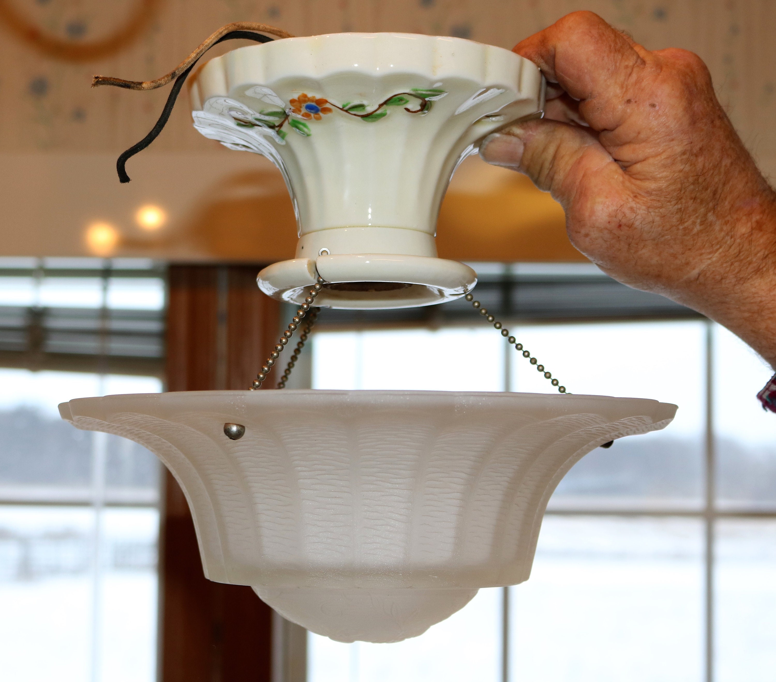 Vintage ca.192030's Hanging Chain Frosted Glass Globe Light Fixtures