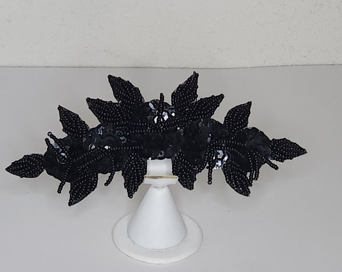 Vintage Black Sequin and Seed Bead Floral Hair Barrette / Clip D-2-60
