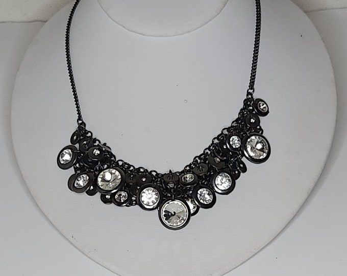 Vintage Dark Gunmetal and Clear Rhinestone Chainmail Necklace C-2-47