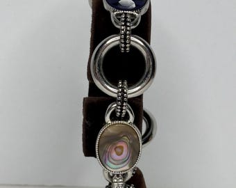 Lia Sophia Silver Tone Large Round Link with Abalone Shell and Purple Rhinestone Toggle Clasp Size 7.50” D-8-39
