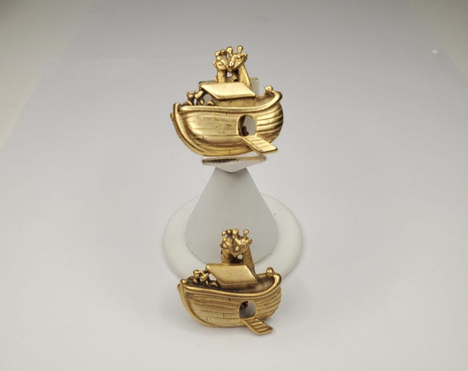 Brushed Gold-Tone Noah's Ark Clip-Ons Earrings D-6-66