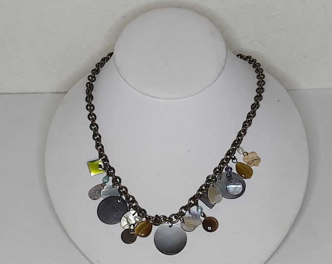 Vintage Premier Design Signed Bronze Tone Chain Necklace with Mother of Pearl Dangles C-5-8