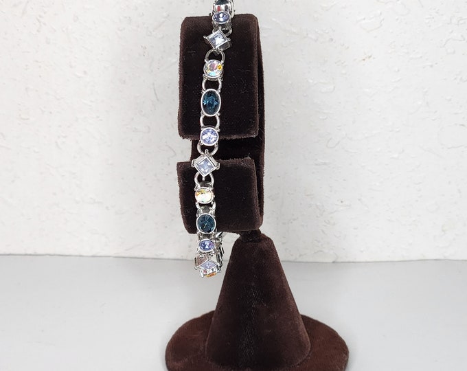 Vintage Silver Tone Link Bracelet with Blue, Gray, Clear, and AB Rhinestones D-4-64