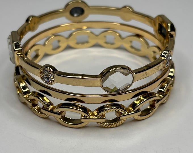 3 Gold Tone Bangles-Open Links-Solid- Rhinestone Size 8 D-7-87
