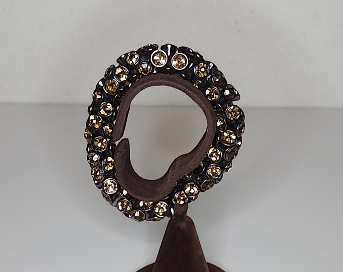 Vintage Fossil Marked Brown Metallic and Bronze Tone Rhinestones Bracelet A-3-9