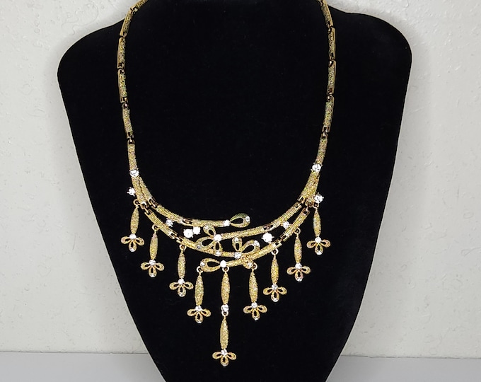 Vintage Gold Tone Pebbled Texture Bib Necklace with Clear Rhinestone Accents D-1-88