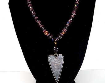 Vintage Artisan Old Germany and Czech Glass Beads Necklace with Copper Heart Pendant D-4-32
