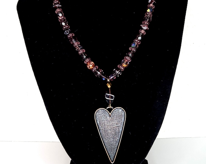 Vintage Artisan Old Germany and Czech Glass Beads Necklace with Copper Heart Pendant D-4-32