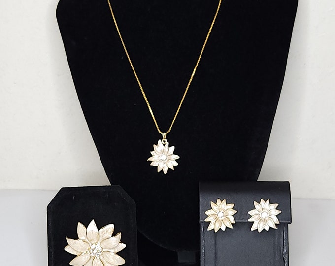 Vintage Gold Tone, Cream Enamel and Rhinestone Poinsettia Pendant Necklace, Brooch and Earrings Set C-2-80