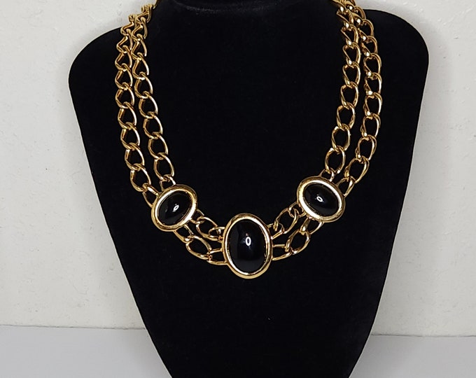 Vintage Napier Signed Gold Tone Double Chain and Black Oval Necklace C-8-60