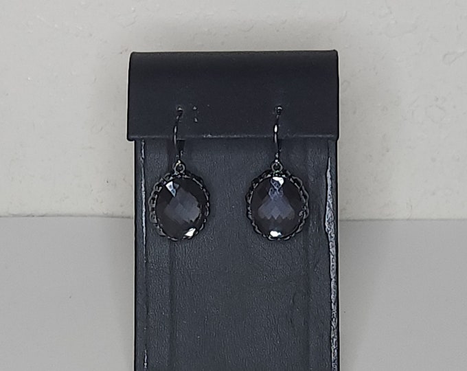 Vintage Joan Rivers Signed Gunmetal Tone and Gray Faceted Oval Rhinestone Dangle Earrings C-7-57