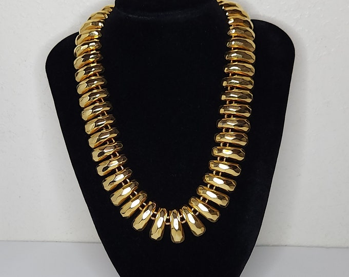 Vintage Designer Quality Gold Tone Faceted Curved Fringe Collar Necklace D-2-10