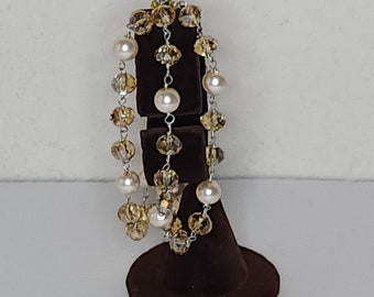 Vintage Three Strand Faux Pearl and AB Crystal Beaded Bracelet C-8-41