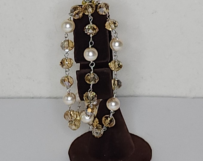 Vintage Three Strand Faux Pearl and AB Crystal Beaded Bracelet C-8-41