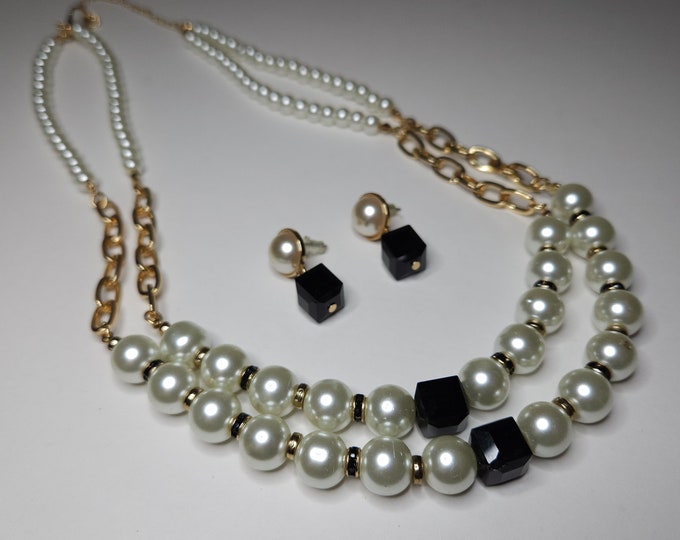 Vintage Gold Tone Faux Pearl and Black Two Strand Necklace and Earrings Set A-8-17