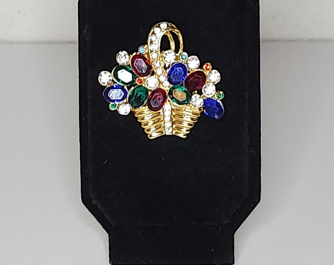 Vintage Gold Tone Flower Basket Brooch Pin with Green, Red, Blue and Clear Rhinestones B-3-18