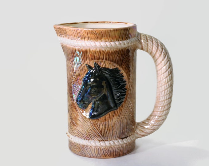 Vintage Iridescent Ceramic Horse and Horseshoe Wood and Rope-look Pitcher Tankard - Signed