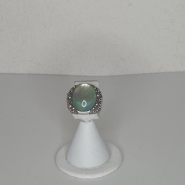 Vintage Michael Dawkins 925 Signed 'Starry Night' Seafoam Green MOP and Clear Quartz Doublet Sterling 18 Grams Size 8 Ring D-3-28