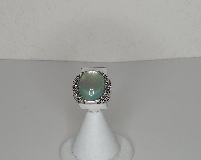 Vintage Michael Dawkins 925 Signed 'Starry Night' Seafoam Green MOP and Clear Quartz Doublet Sterling 18 Grams Size 8 Ring D-3-28