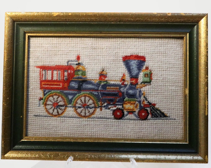 1964 Needlepoint Train Finished Work- Colorful Steam Engine Train Artwork Framed and Signed