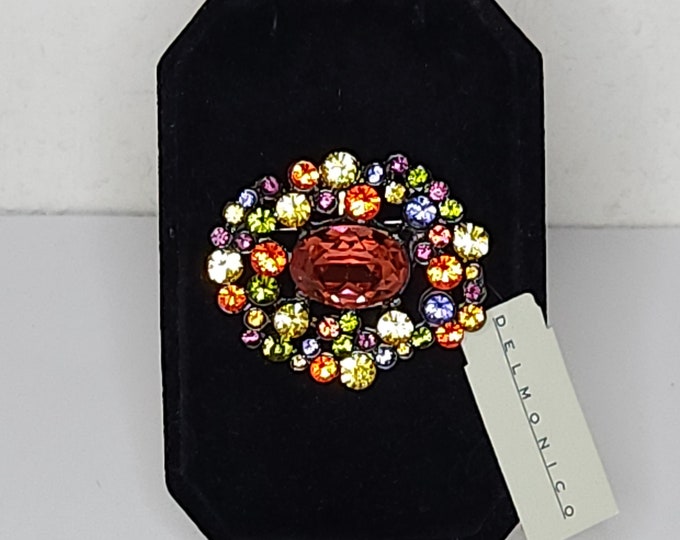 Delmonico Gunmetal Tone and Multicolor Rhinestone Cluster Brooch Pin with Tag C-7-61