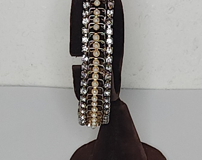 Vintage Silver Tone and Gold Tone Bracelet with Faux Pearls and Clear Rhinestones C-7-95