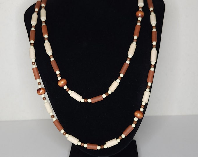 Vintage Ethnic Clay, Wood and Plastic Beaded Necklace in Brown, Cream and White B-4-99