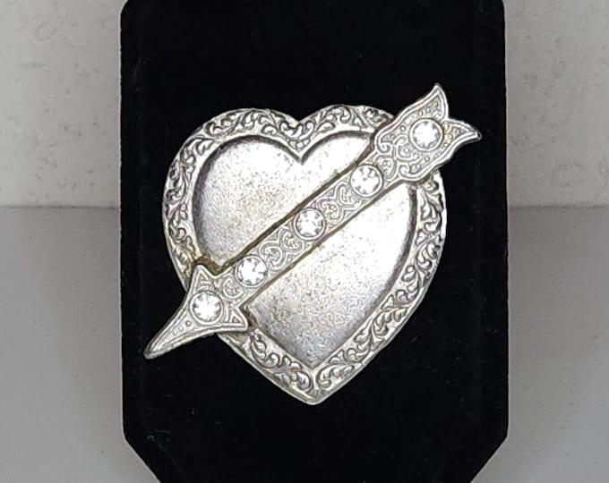 Vintage Silver Tone Heart and Arrow Brooch Pin with Clear Rhinestones B-4-1
