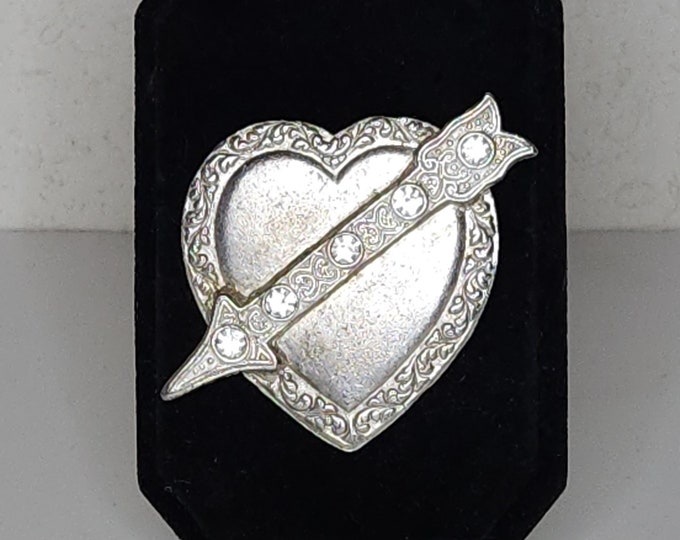 Vintage Silver Tone Heart and Arrow Brooch Pin with Clear Rhinestones B-4-1