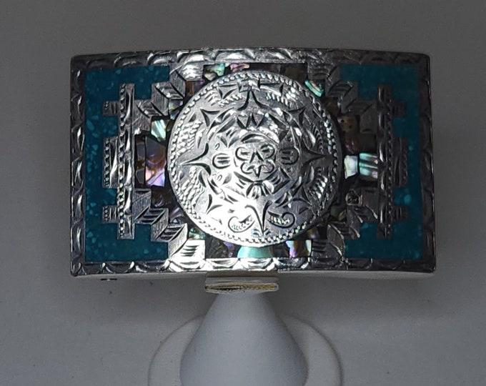 Vintage Plata de Jalisco 925 Marked 54 Grams Belt Buckle with Crushed Turquoise and Abalone Mosaic B-4-52