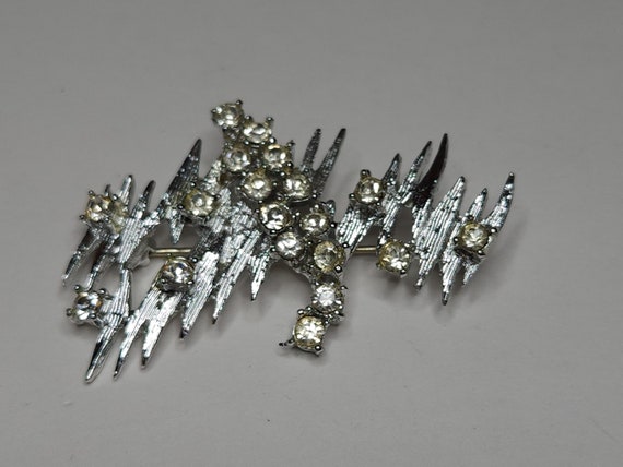 Vintage Brushed Silver Tone and Clear Rhinestone Zig Zag