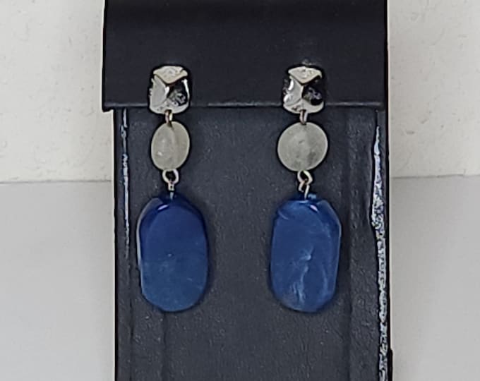 Vintage Silver Tone and Blue Stone Rectangle Dangle Earrings C-3-81