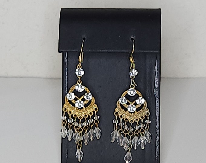 Vintage 925 Marked Gold Tone Chandelier Earrings with Clear Rhinestones and Clear Plastic Faceted Beads C-6-30