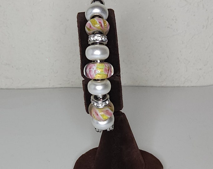 Vintage European Slide Glass, Faux Pearl and Silver Tone Rondelles on Hinged Magnetic Bracelet C-2-7