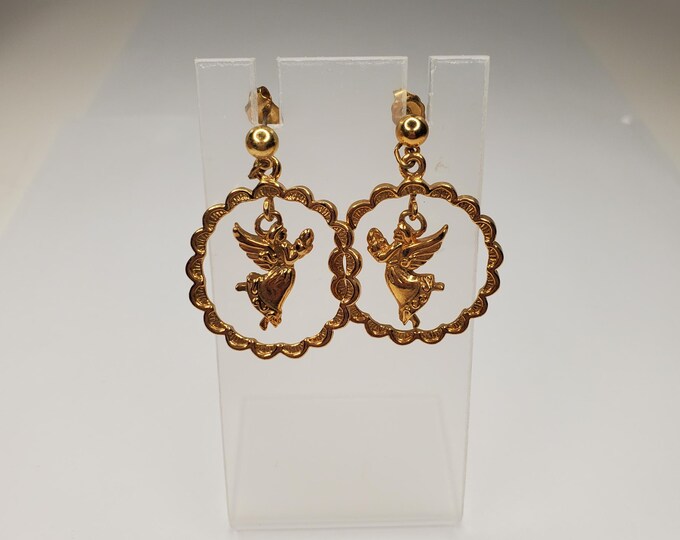 Gold Tone Angel and Hoop Dangle Post Back Earrings D-6-64