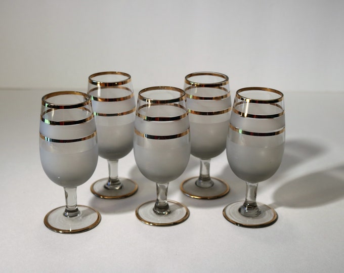 5 Bohemian Frosted Cordial Glasses in Smoke with Gold Bands