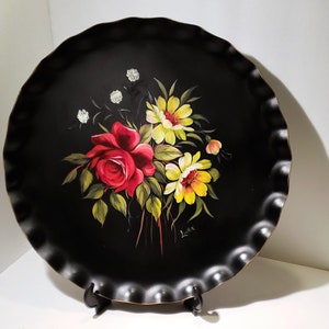 Large 16 1/2" Hand Painted and Signed Black with Bright Flowers Tole Wall Decor/Tray