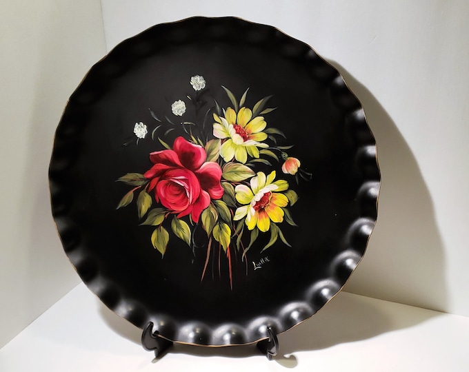 Large 16 1/2" Hand Painted and Signed Black with Bright Flowers Tole Wall Decor/Tray