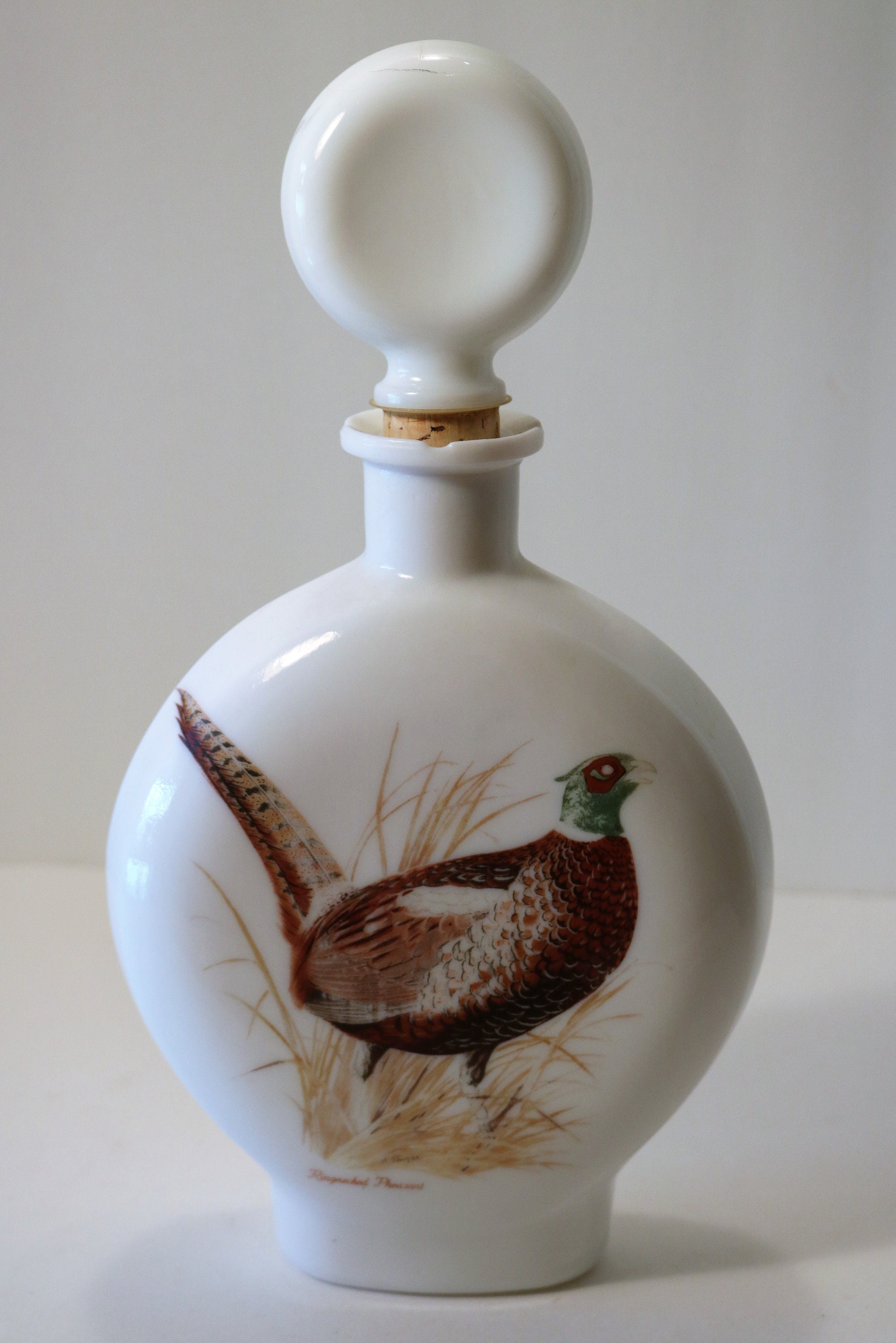 1969 Dant Distillery Milk Glass Decanter Field Birds A. Singer