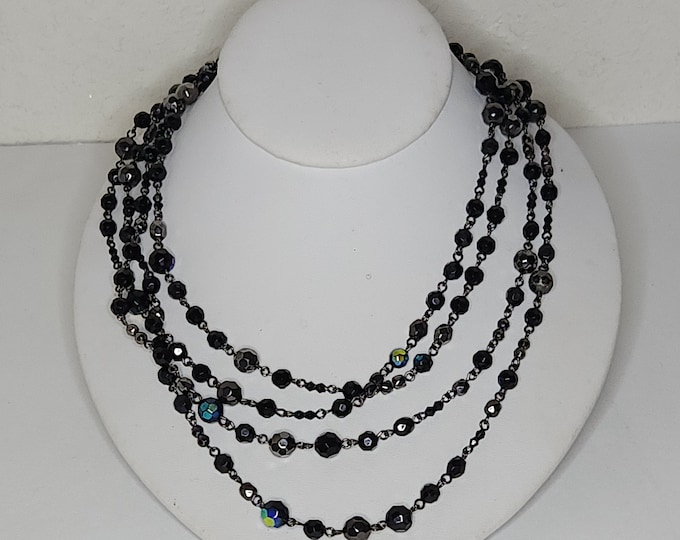 Vintage Premier Design Signed Set of Two Opera Length Black and Iridescent Beaded Necklaces C-5-29